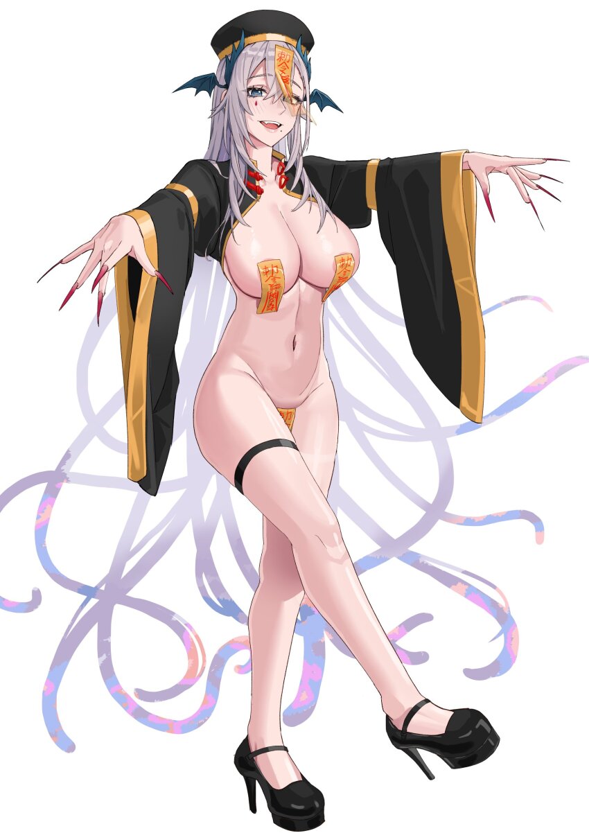 1girl absurdres areola_slip black_footwear black_sleeves blue_eyes breasts bright_pupils cleavage fingernails gold_trim grey_hair head_wings high_heels highres horizontal_pupils indie_virtual_youtuber kuon_bb large_breasts long_fingernails long_hair maebari mole mole_under_mouth navel ofuda ofuda_on_head ofuda_on_nipples ofuda_on_pussy open_mouth pasties pochimaru_(vtuber) red_nails sharp_fingernails solo teardrop_facial_mark tentacle_hair thigh_strap virtual_youtuber white_pupils wide_sleeves wings