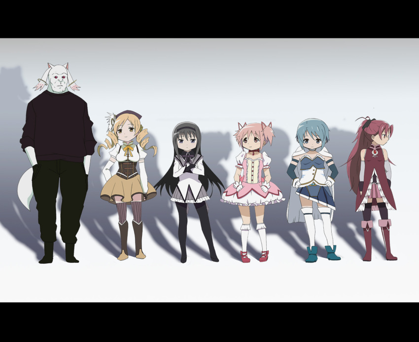 5girls akemi_homura akemi_homura_(magical_girl) bad_id bad_pixiv_id black_hair blonde_hair blue_eyes blue_hair boma_(gits) bow crossed_arms drill_hair ghost_in_the_shell ghost_in_the_shell_lineup ghost_in_the_shell:_stand_alone_complex gloves gradient_background hair_ribbon hairband hand_in_pocket hands_in_pockets highres kaname_madoka kaname_madoka_(magical_girl) kyubey letterboxed lineup long_hair magical_girl mahou_shoujo_madoka_magica mahou_shoujo_madoka_magica_(anime) miki_sayaka miki_sayaka_(magical_girl) multiple_girls pantyhose parody pink_eyes pink_hair ponytail red_eyes ribbon sakura_kyoko sakura_kyoko_(magical_girl) shadow shoes short_hair short_twintails thighhighs tomoe_mami tomoe_mami_(magical_girl) tsubaki_(tsubakiyasan) twintails