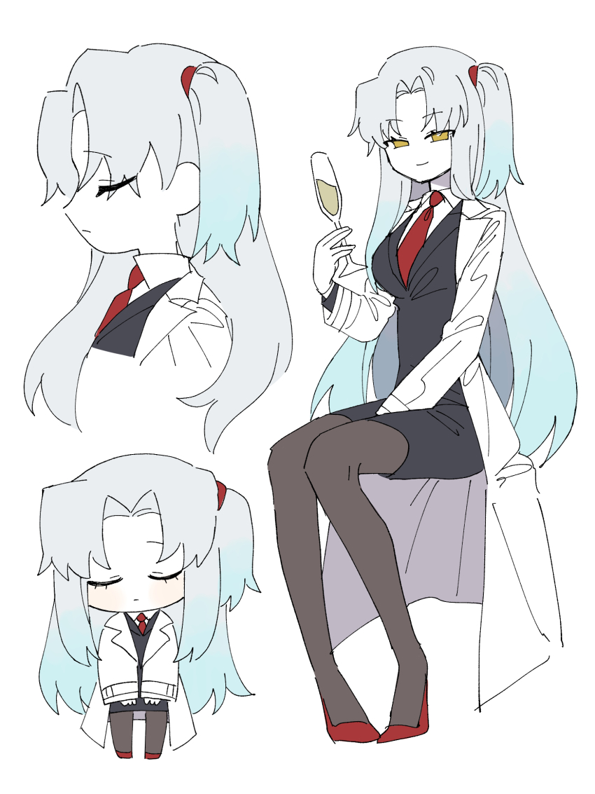 1girl angela_(project_moon) black_skirt black_vest blue_hair brown_pantyhose champagne_flute cup drinking_glass grey_hair highres kitaku_(ienikaeru) lobotomy_corporation long_hair looking_at_viewer multiple_views necktie one_side_up pantyhose pencil_skirt project_moon red_necktie sidelocks simple_background skirt very_long_hair vest white_background