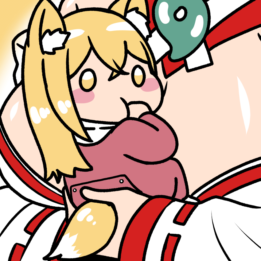2girls animal_ear_fluff animal_ears baby blonde_hair blush_stickers breasts carrying_baby carrying_person fox_ears fox_girl fox_tail highres hirume_of_heavenly_incense huge_breasts last_origin mother_and_daughter multiple_girls solo_focus tail waterbear yellow_eyes