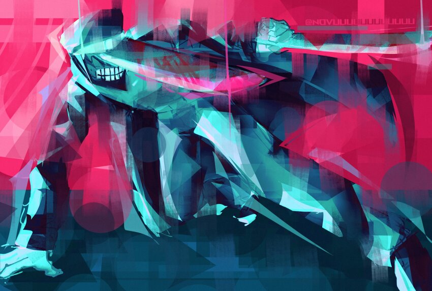 1boy chainsaw_man hat highres jacket katana_man_(chainsaw_man) long_sleeves male_focus novuuuuuuuuuuuu pants signature solo sword teeth weapon