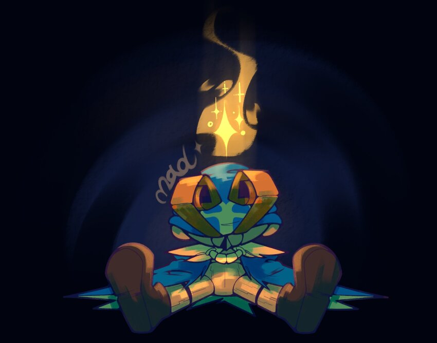1boy black_background blue_cape brown_shoes cape doll doll_joints fire geno_(mario) hat highres joints mario_(series) nintendo orange_hair pointy_hat possessed puppet shoes sitting solo sparkle super_mario_rpg the_mad_fanatic yellow_fire