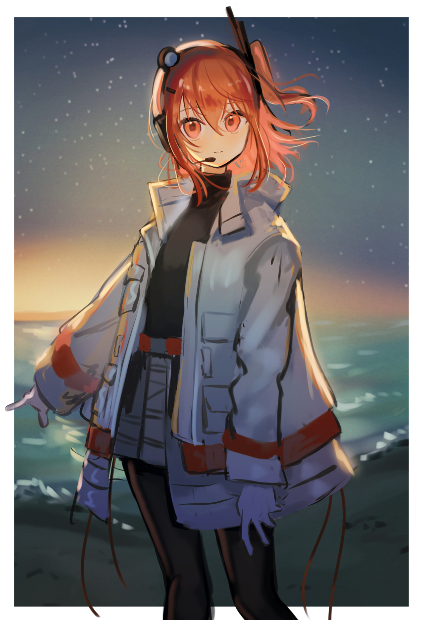 1girl a.i._voice absurdres adachi_rei backlighting beach belt belt_pouch black_leggings black_shirt border cable closed_mouth commentary floating_hair gloves grey_skirt hair_ornament hairclip headlamp headset highres jacket leggings medium_hair microphone natsuba002 ocean one_side_up open_clothes open_jacket orange_belt orange_eyes orange_hair outside_border outstretched_arm pigeon-toed pleated_skirt pouch radio_antenna shirt skirt sky smile solo standing star_(sky) starry_sky turtleneck twilight utau waves white_border white_gloves white_jacket