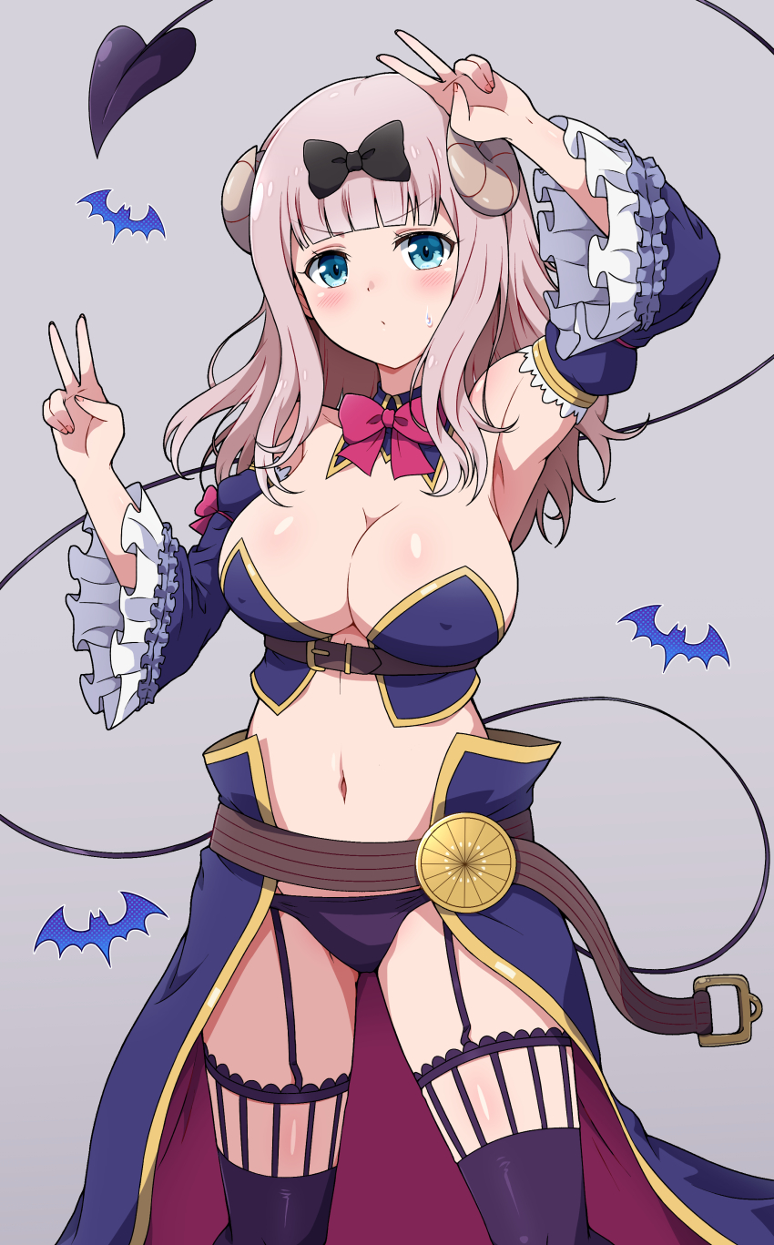 1girl ^^^ absurdres arm_up armpits bat_(animal) belt bikini black_bow blue_bikini blue_eyes blue_sleeves blue_thighhighs blunt_bangs blush bow bowtie breasts brown_belt cleavage closed_mouth commentary_request cosplay covered_erect_nipples cowboy_shot crisis_management_form_(machikado_mazoku) curled_horns demon_girl demon_horns demon_tail detached_collar detached_sleeves double_v eggman_(ni_tamagoex) emphasis_lines frilled_sleeves frills fujiwara_chika garter_straps grey_background hair_bow hand_up highres horns kaguya-sama_wa_kokurasetai_~tensai-tachi_no_renai_zunousen~ kohara_konomi large_breasts long_hair looking_at_viewer machikado_mazoku navel pink_hair red_bow red_bowtie revealing_clothes simple_background smile solo stomach strapless strapless_bikini swimsuit tail thighhighs v v_over_head voice_actor_connection waist_cape wide_sleeves yoshida_yuuko_(machikado_mazoku) yoshida_yuuko_(machikado_mazoku)_(cosplay)