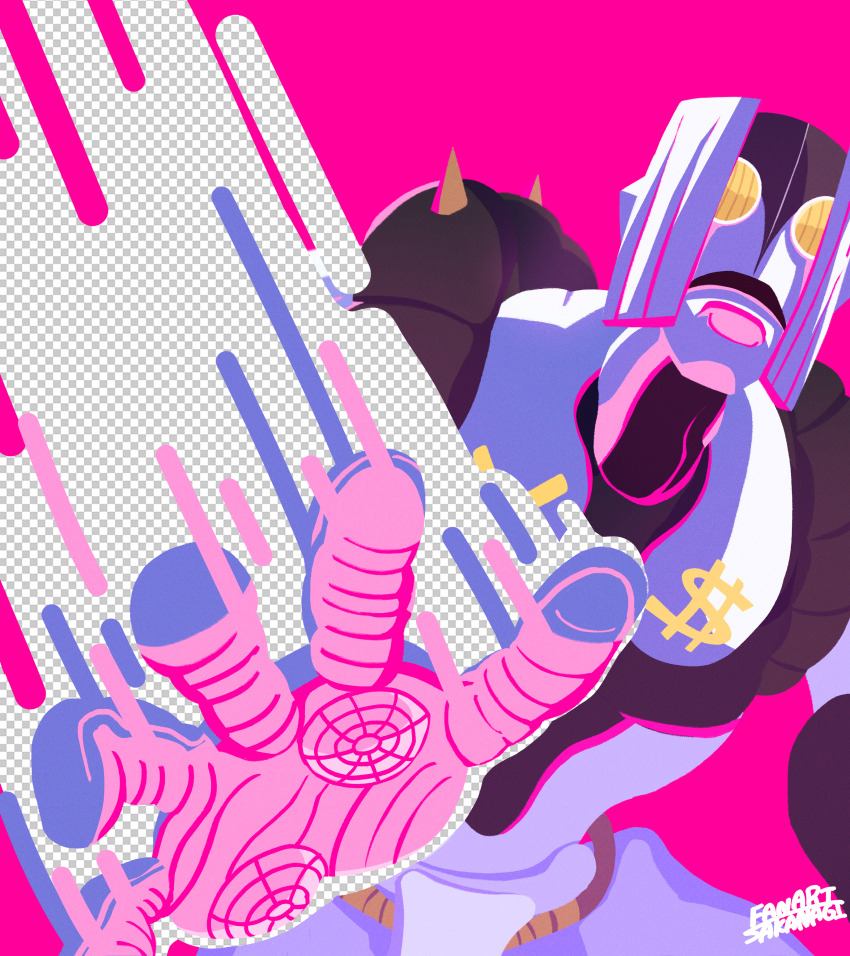 1other absurdres artist_name checkered_print commentary_request diamond_wa_kudakenai dollar_sign highres jojo_no_kimyou_na_bouken limited_palette open_mouth pink_background sakanagi_(a_r_co) signature solo spikes stand_(jojo) the_hand_(stand) yen_sign