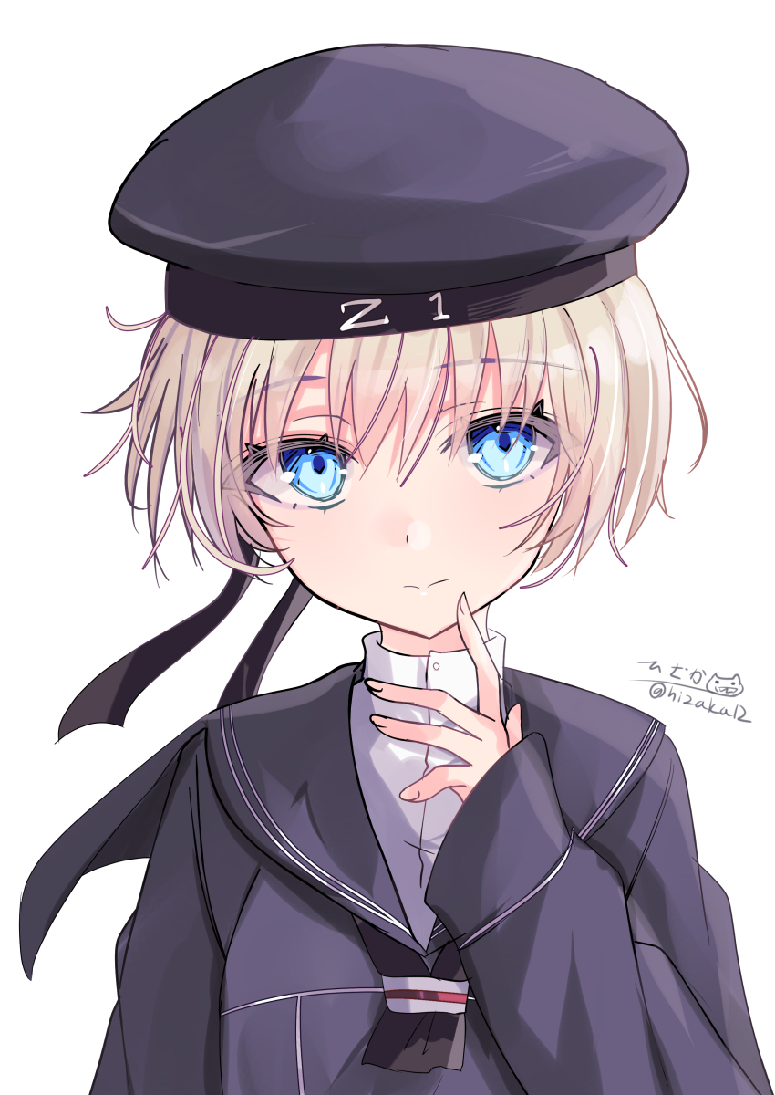 1girl absurdres artist_name blue_eyes blush brown_eyes dress grey_hair hat highres hizaka kantai_collection long_hair looking_at_viewer peaked_cap sailor_collar sailor_dress sailor_hat short_dress short_hair smile solo twitter_username upper_body z1_leberecht_maass_(kancolle)