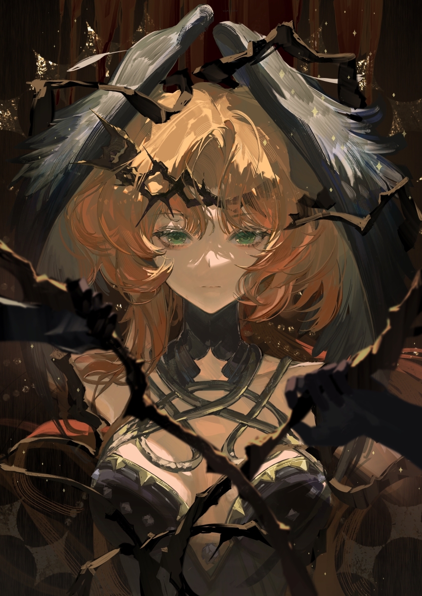 1girl absurdres black_dress black_gloves black_wings branch breasts closed_mouth crown_of_thorns dark_background dress druvis_iii druvis_iii_(shrouded_in_thorns) feathered_wings gloves green_eyes hands_up head_wings highres holding holding_branch long_hair looking_at_viewer medium_breasts official_alternate_costume orange_hair reverse:1999 sleeveless sleeveless_dress solo upper_body wings zzzzzm_jiangzhouzi