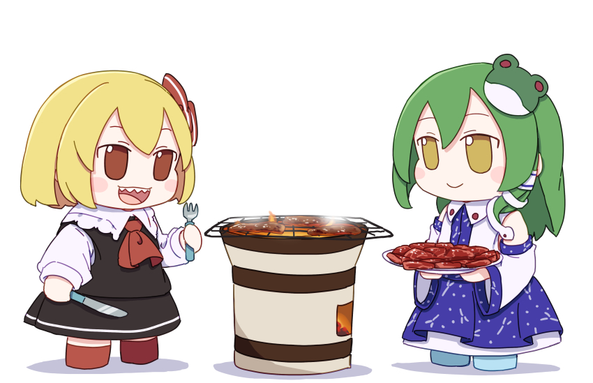 2girls :d absurdres ascot bare_shoulders black_skirt black_vest blonde_hair blue_shoes blue_skirt blush_stickers closed_mouth collared_shirt commentary_request cooking detached_sleeves food fork frog_hair_ornament full_body fumo_(doll) green_hair grill hair_ornament hair_ribbon hair_tubes highres holding holding_fork holding_knife holding_plate kame_(kamepan44231) knife kochiya_sanae long_sleeves meat multiple_girls open_mouth plate red_ascot red_eyes red_ribbon red_shoes ribbon rumia sharp_teeth shirt shoes short_hair simple_background single_hair_tube single_sidelock skirt skirt_set sleeveless sleeveless_shirt smile snake_hair_ornament standing teeth touhou upper_teeth_only vest white_background white_shirt white_sleeves wide_sleeves yellow_eyes