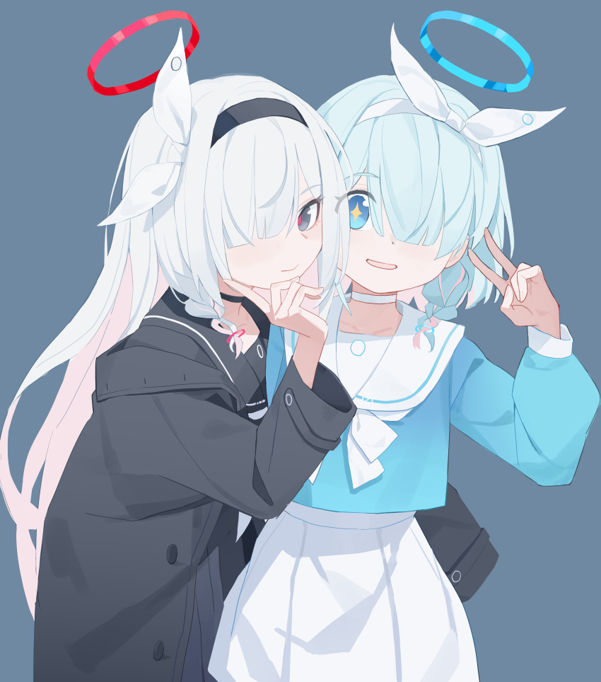 +_+ 2girls absurdres aqua_hair arm_behind_another&#039;s_back arona_(blue_archive) black_choker black_coat black_hairband black_sailor_collar black_serafuku black_shirt black_skirt blue_archive blue_background blue_eyes blue_halo blue_shirt blunt_bangs bow bow_hairband braid buttons chinese_commentary choker closed_mouth coat colored_inner_hair commentary_request eyes_visible_through_hair fanshuimucishen grey_eyes hair_ornament hair_over_one_eye hairband halo hand_up highres index_finger_raised long_hair long_sleeves looking_at_viewer medium_hair multicolored_hair multiple_girls neckerchief open_clothes open_coat parted_bangs parted_lips pink_hair plana_(blue_archive) pleated_skirt puffy_long_sleeves puffy_sleeves red_halo red_pupils sailor_collar sailor_shirt school_uniform serafuku shirt sidelocks simple_background single_braid skirt smile two-tone_hair unbuttoned v very_long_hair white_bow white_choker white_hair white_hairband white_neckerchief white_sailor_collar white_skirt