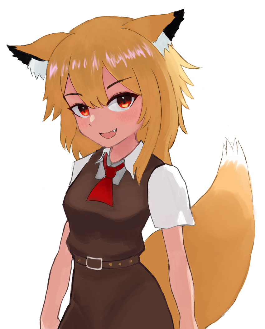 1girl animal_ear_fluff animal_ears ascot blonde_hair breasts brown_dress collared_shirt commentary_request cookie_(touhou) cowboy_shot dress fang fox_ears fox_girl fox_tail highres looking_at_viewer medium_hair miramikaru_riran open_mouth pinafore_dress pro55h red_ascot red_eyes shirt short_sleeves simple_background sleeveless sleeveless_dress small_breasts smile solo tail white_background white_shirt