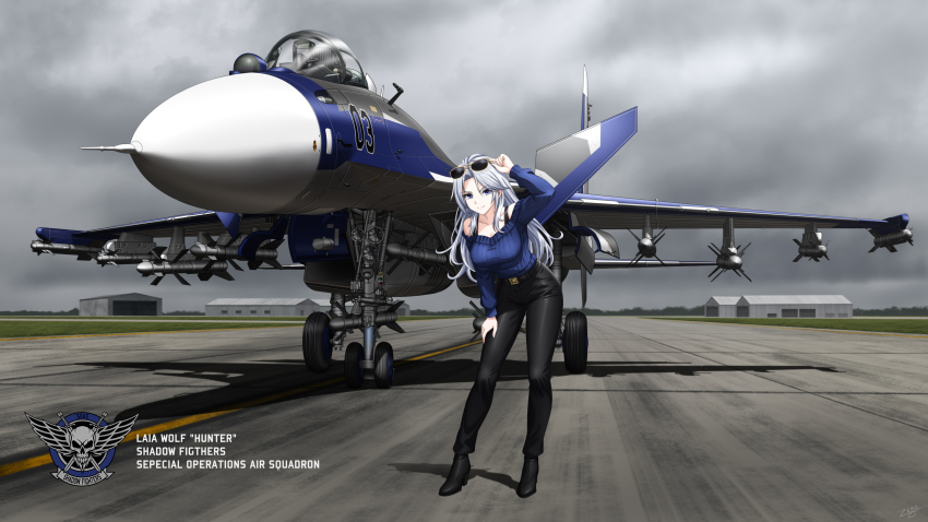 1girl air-to-air_missile aircraft aircraft_hanger airplane arm_up belt belt_buckle bent_over black_belt black_boots black_pants blue_eyes blue_hair blue_sweater boots breasts buckle canards canopy_(aircraft) character_name closed_mouth cloud cloudy_sky cockpit collarbone commentary day emblem english_commentary english_text fighter_jet forest full_body grass grey_sky high_heel_boots high_heels highres landing_gear large_breasts leather leather_pants long_hair long_sleeves military military_vehicle missile nature off-shoulder_sweater off_shoulder original outdoors pants r-27_vympel r-73_vympel runway shadow sidelocks sky smile solo spaghetti_strap standing su-33 sunglasses sweater vehicle_focus weapon yellow-framed_eyewear zero_(73ro)