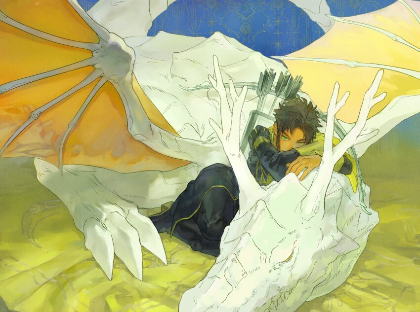 1boy arrow_(projectile) braid brown_hair cape claude_von_riegan closed_eyes commentary_request dark-skinned_male dark_skin dragon dragon_horns fire_emblem fire_emblem:_three_houses garreg_mach_monastery_uniform green_eyes harikoma1010 highres horns long_sleeves looking_ahead male_focus nintendo quiver school_uniform sharp_teeth side_braid side_cape single_braid sitting sleeve_cuffs solo teeth wyvern yellow_cape