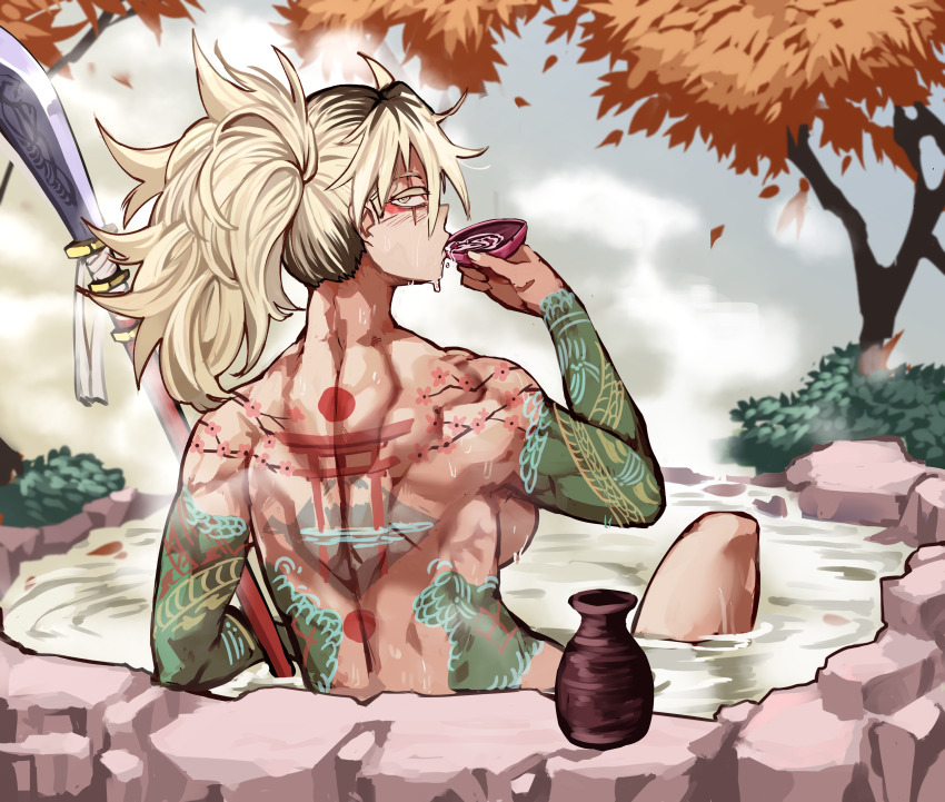 1girl absurdres alcohol antares_topaz arm_tattoo back back_muscles back_tattoo backboob bandaged_weapon bandages bathing blonde_hair bottle breasts brown_hair bush cherry_blossoms cup dragon_tattoo drinking dripping engraved expressionless eyeshadow facial_mark falling_leaves grey_sky highres holding holding_cup holding_weapon irezumi isonash_(rahmid6) leaf looking_at_viewer looking_back makeup messy_hair mountain multicolored_hair muscular muscular_female nude onsen polearm ponytail red_eyeshadow red_sun reflection sakazuki sake sake_bottle scar scar_across_eye scar_on_face sideboob sitting sky solo star_linker steam stomach_tattoo streaked_hair tattoo torii tree two-tone_hair weapon wet yellow_eyes