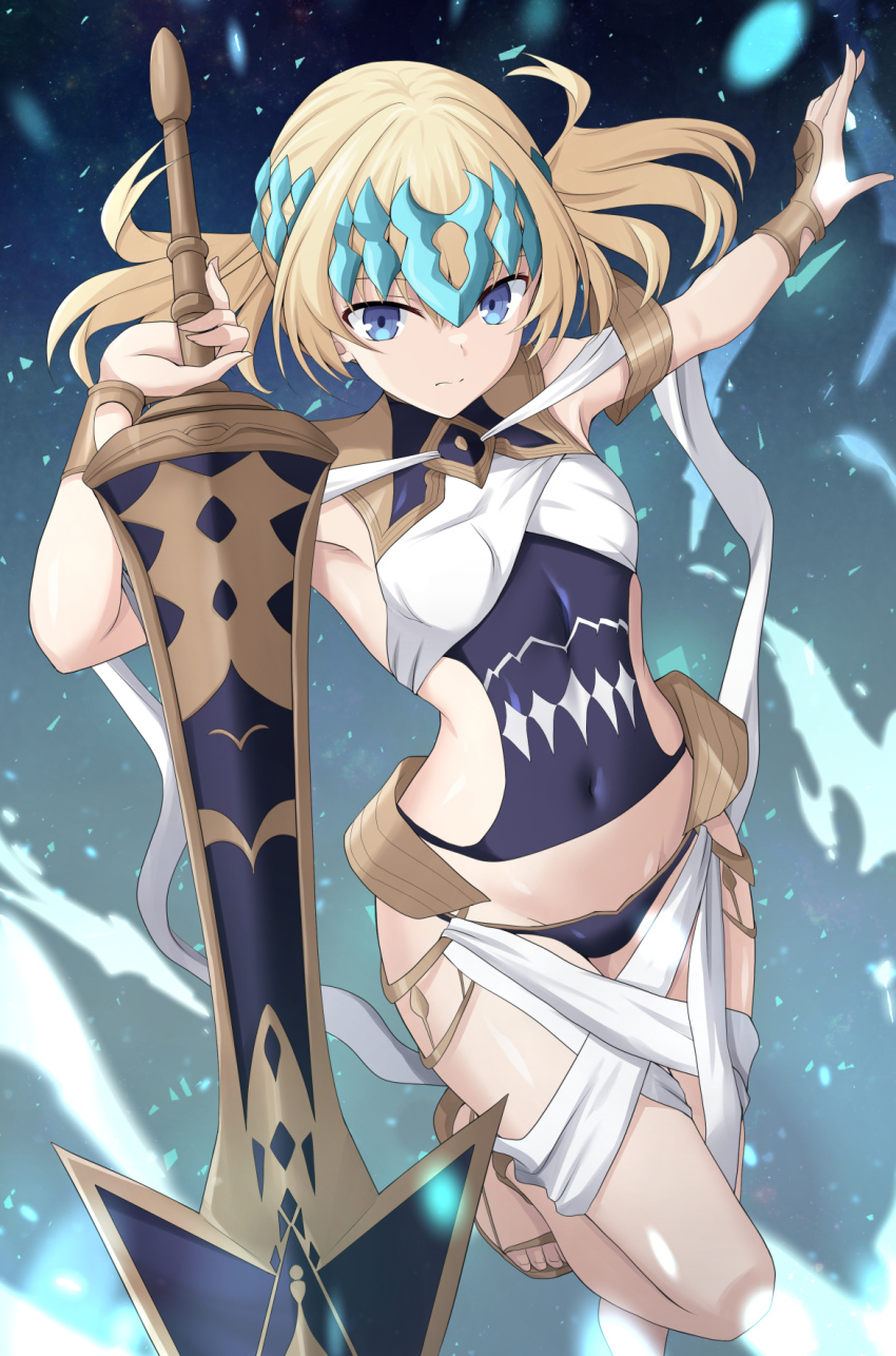 1girl armlet blonde_hair blue_eyes bracer breasts collar covered_navel cross_(crossryou) fate/grand_order fate_(series) halterneck highres jewelry looking_at_viewer medium_hair metal_collar pollux_(fate) sandals small_breasts solo sword thighs weapon