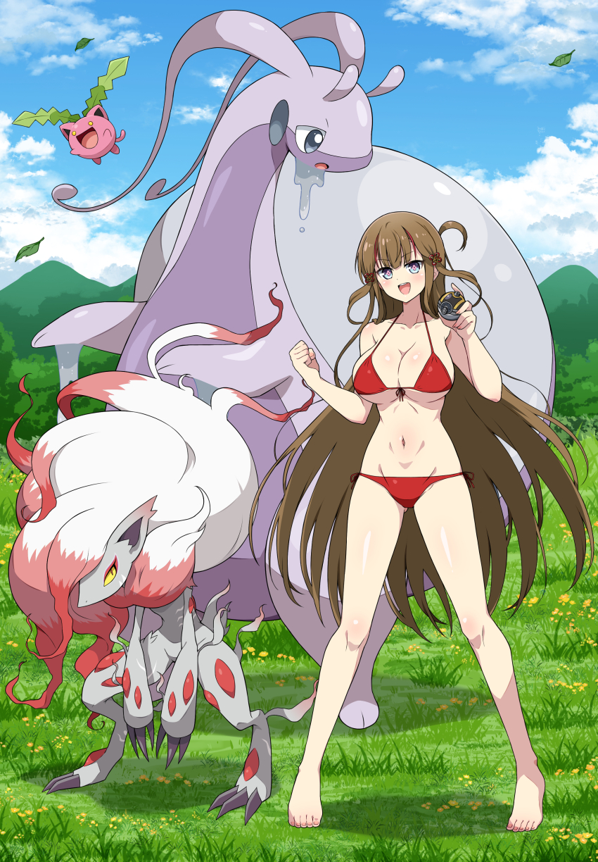 +_+ 1girl :d absurdres antennae bikini blue_eyes blush body_blush breasts brown_hair chinese_knot claws cleavage clenched_hand collarbone colored_sclera commission creatures_(company) dandelion eggman_(ni_tamagoex) field flower flower-shaped_pupils flying front-tie_bikini_top front-tie_top fundoshi game_freak gen_2_pokemon grass grey_fur groin hair_between_eyes hair_ornament hair_rings happy highres hisuian_goodra hisuian_zoroark holding holding_poke_ball hoppip japanese_clothes large_breasts leaf linea_alba long_hair looking_at_viewer micro_bikini mountain mountainous_horizon multicolored_hair nail_polish navel neck_fur nintendo open_mouth pink_nails pink_pupils plant poke_ball hisuian_poke_ball pokemon pokemon_(creature) red_bikini red_fur red_hair senran_kagura senran_kagura_new_link shell shiny_skin skeb_commission slime_(substance) smile snail snout standing streaked_hair swimsuit symbol-shaped_pupils teeth toki_(senran_kagura) tree two-tone_fur ultra_ball hisuian_ultra_ball upper_teeth_only very_long_hair white_fur yellow_sclera