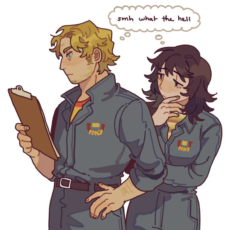 1boy 1girl anya_(mouthwashing) arm_hair beard_stubble belt black_hair blonde_hair blue_eyes blush brown_eyes clipboard cotimne cowboy_shot crossed_arms curly_(mouthwashing) curly_(pre-crash) curtained_hair english_text facial_hair hand_on_own_chin hand_on_own_hip highres holding holding_clipboard jumpsuit light_frown looking_at_object mature_male medium_hair mouthwashing parted_bangs pony_express_uniform raised_eyebrows shared_thought_bubble short_hair sideburns simple_background sleeves_pushed_up speech_bubble stubble tareme thought_bubble wavy_mouth white_background