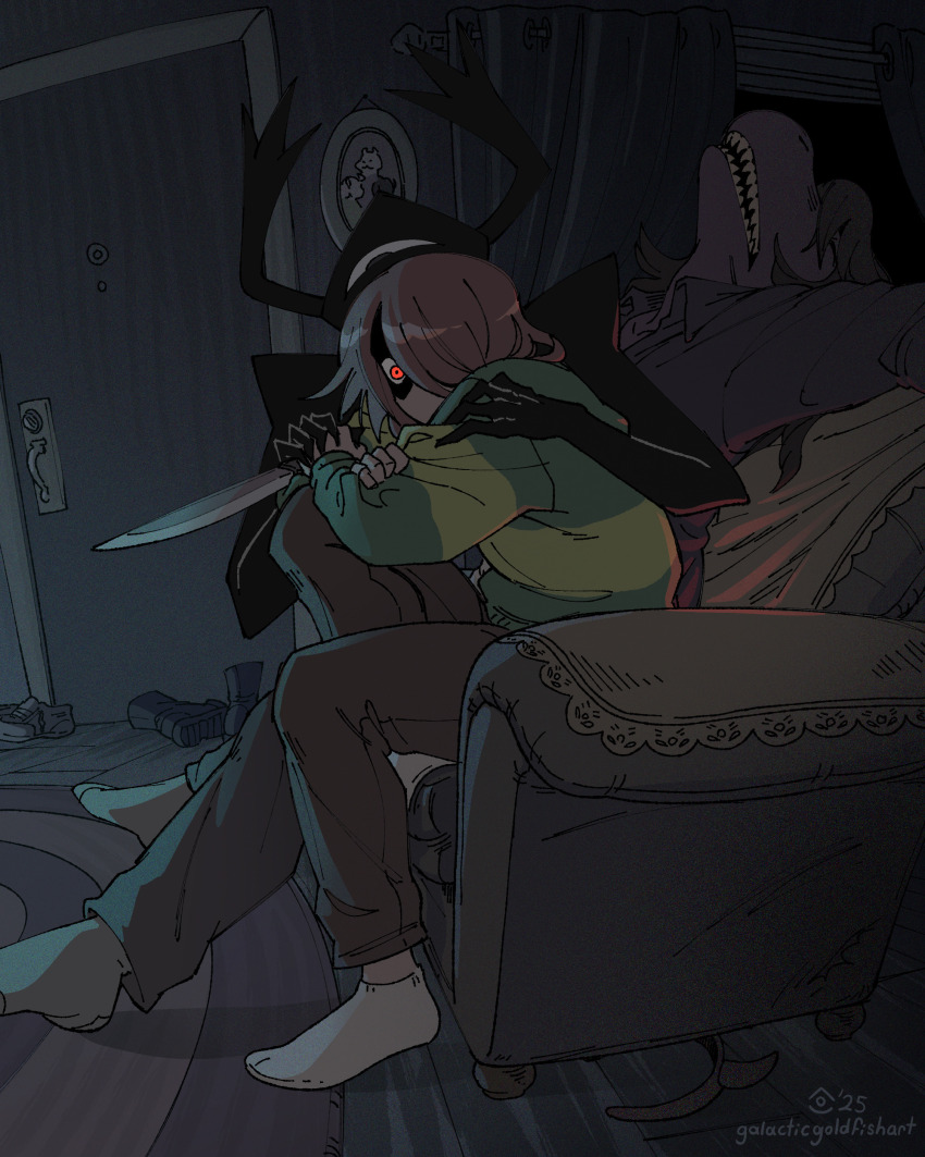 1girl 2others absurdres alternate_skin_color colored_skin deltarune furry furry_female galacticgoldfishart highres holding kris_(deltarune) long_hair long_sleeves multiple_others other_focus pants purple_skin red_eyes reptile_girl roaring_knight sharp_teeth shirt susie_(deltarune) teeth