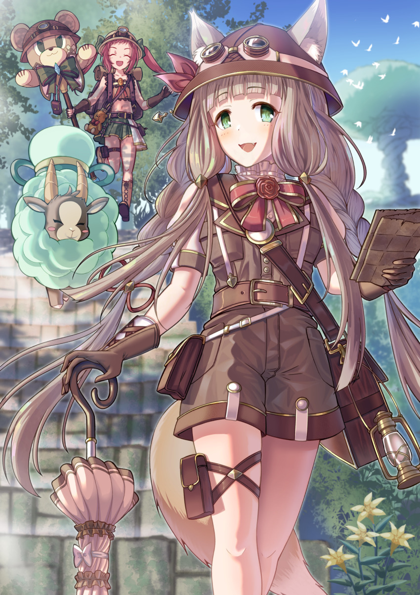 2girls :d animal_ears ayane_(explorer)_(princess_connect!) ayane_(princess_connect!) bad_id bad_pixiv_id belt bird blunt_bangs bow bowtie braid brown_hair brown_headwear brown_shorts brown_vest bush closed_eyes fang flower fox_ears fox_tail goggles green_eyes grey_shirt highres kokonobe long_hair looking_at_viewer maho_(explorer)_(princess_connect!) maho_(princess_connect!) midriff multiple_girls navel official_alternate_costume open_mouth outdoors parasol princess_connect! red_bow red_bowtie red_eyes shirt shorts smile stairs standing tail tree twin_braids twintails umbrella vest