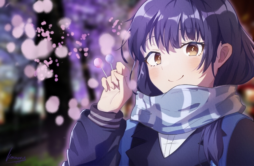 1girl black_hair black_jacket blue_scarf boku_no_kokoro_no_yabai_yatsu brown_eyes candy closed_mouth food hand_up holding holding_candy holding_food holding_lollipop jacket kamory lollipop long_hair looking_at_viewer scarf shirt signature smile solo white_shirt yamada_anna