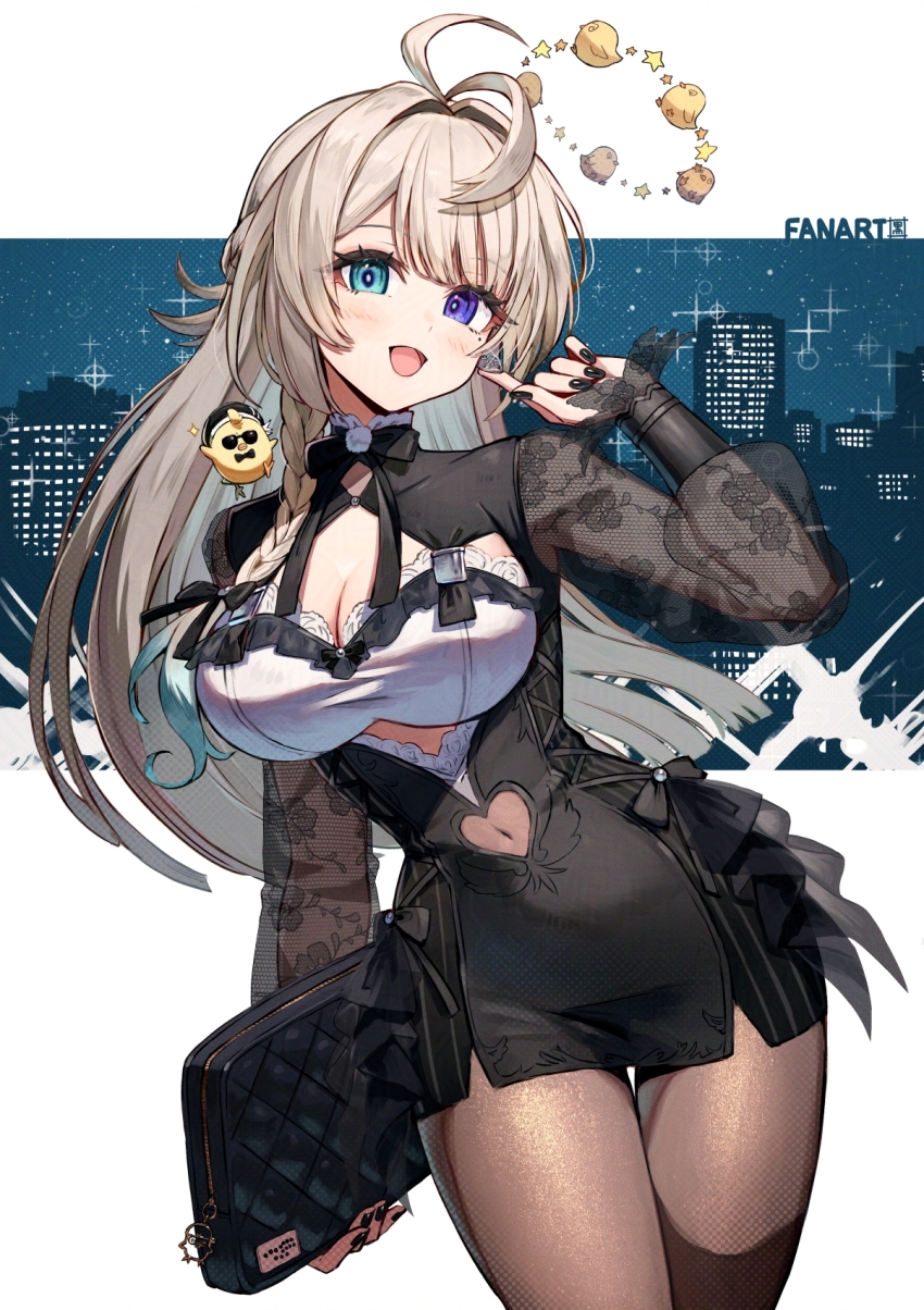 1girl ahoge antenna_hair baby_animal bag bird black_bow black_dress black_nails blonde_hair blue_eyes bow braid breasts brown_pantyhose chick cleavage clothing_cutout dress fang heterochromia highres holding holding_bag honami_azusa kuroi_susumu large_breasts long_hair long_sleeves looking_at_viewer mole navel navel_cutout open_mouth pantyhose purple_eyes see-through_clothes see-through_sleeves short_dress smile solo specialite_(company) virtual_youtuber