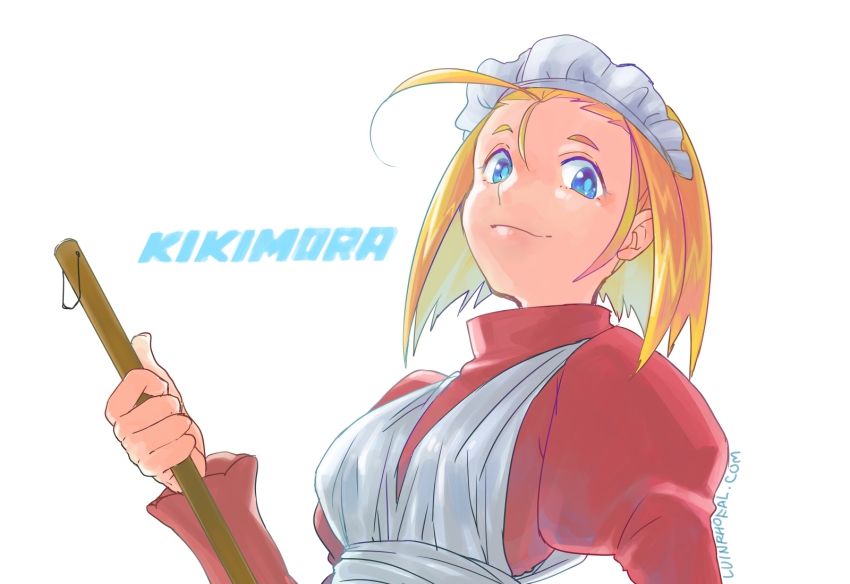 1girl blonde_hair blue_eyes character_name female_focus glorel highres kikimora_(monster_monster) kikimora_(puyopuyo) maid maid_headdress puyopuyo short_hair smile solo watermark web_address