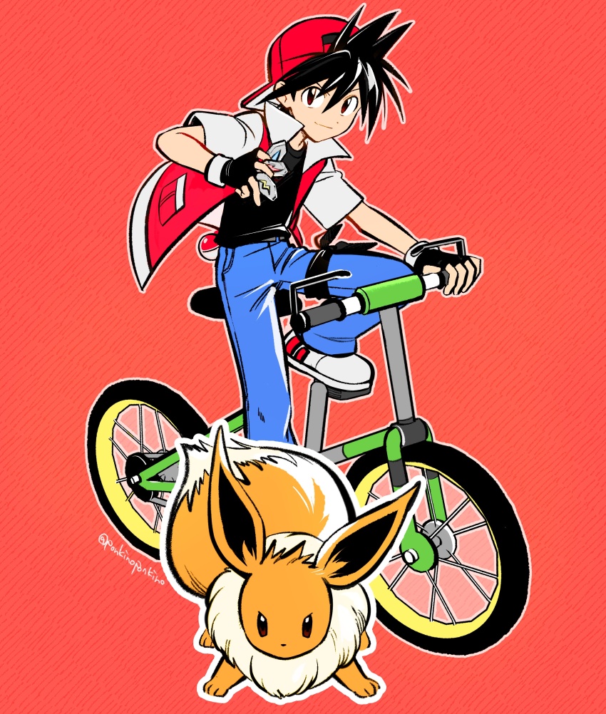 1boy absurdres animal_ears artist_name backwards_hat bicycle black_dress black_hair denim dot_nose dress eevee evolution_stone evolutionary_stone fingerless_gloves fire_stone game_freak gen_1_pokemon gloves hat highres jacket jeans nintendo pants poke_ball pokemon pokemon_(creature) pokemon_adventures ponkinoponkino red_background red_eyes red_hat red_jacket shoes smile solo spiked_hair tail water_stone