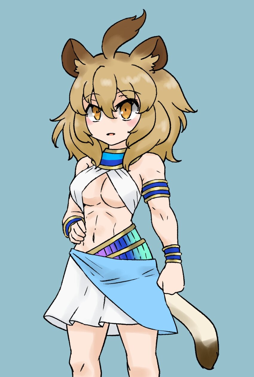 1girl abs alternate_costume animal_ears armband bare_shoulders big_hair blue_collar blue_sarong blush collar cosplay cowboy_shot criss-cross_halter dorudon_(kemono_friends) dorudon_(kemono_friends)_(cosplay) gold_trim gravi_pig4891 hair_between_eyes halterneck highres kemono_friends light_brown_hair lion_(kemono_friends) lion_ears lion_girl lion_tail midriff navel pleated_skirt sarong shirt short_hair sidelocks skirt solo tail white_shirt white_skirt wristband yellow_eyes