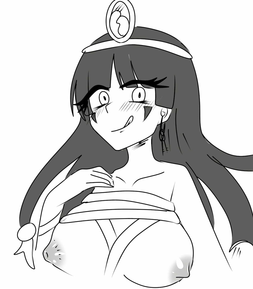 1girl bandaged_chest bandages blunt_bangs breasts earrings facial_tattoo fossilized_wonders highres jewelry key_earrings large_breasts long_hair looking_at_viewer michigami_nareko naughty_face smile solo takara_rose tattoo touhou