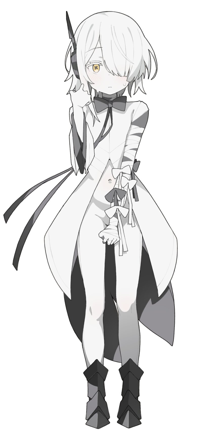 1girl absurdres blue_archive blush colored_skin covered_eyes cross-shaped_pupils hair_over_one_eye highres looking_at_viewer navel s10021 short_hair simple_background sof_(blue_archive) solo symbol-shaped_pupils white_hair white_skin yellow_eyes