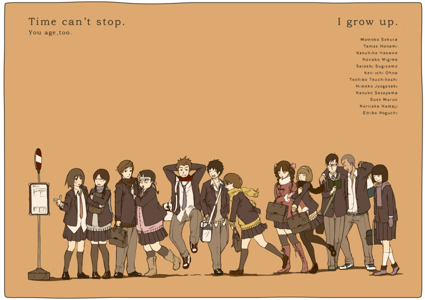 5boys 6+girls black_hair braid brown_hair chibi_maruko-chan drill_hair glasses hanawa_kazuhiko highres honami_tamae jougasaki_himeko long_hair migiwa_hanako multiple_boys multiple_girls necktie nobuya noguchi_emiko noritaka_hamazaki oono_kenichi sakura_momoko sasayama_kazuko scarf school_uniform short_hair sueo_maruo sugiyama_satoshi tsuchihashi_toshiko twin_braids