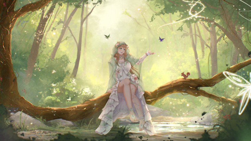 1girl absurdres animal_ears arm_support ayunda_risu ayunda_risu_(goddess) bird breasts brown_hair bush cape dappled_sunlight day dress feet flower flower_ornament forest grass green_cape green_eyes green_hair green_nails hair_ornament highres hololive hololive_indonesia jewelry legs_together light_particles local_catto long_hair looking_at_animal medium_breasts multicolored_hair nail_polish nature no_humans outdoors outstretched_arm outstretched_hand pond reaching signature sitting solo squirrel_ears squirrel_girl streaked_hair sunlight toe_ring toenail_polish toenails tree very_long_hair virtual_youtuber white_dress