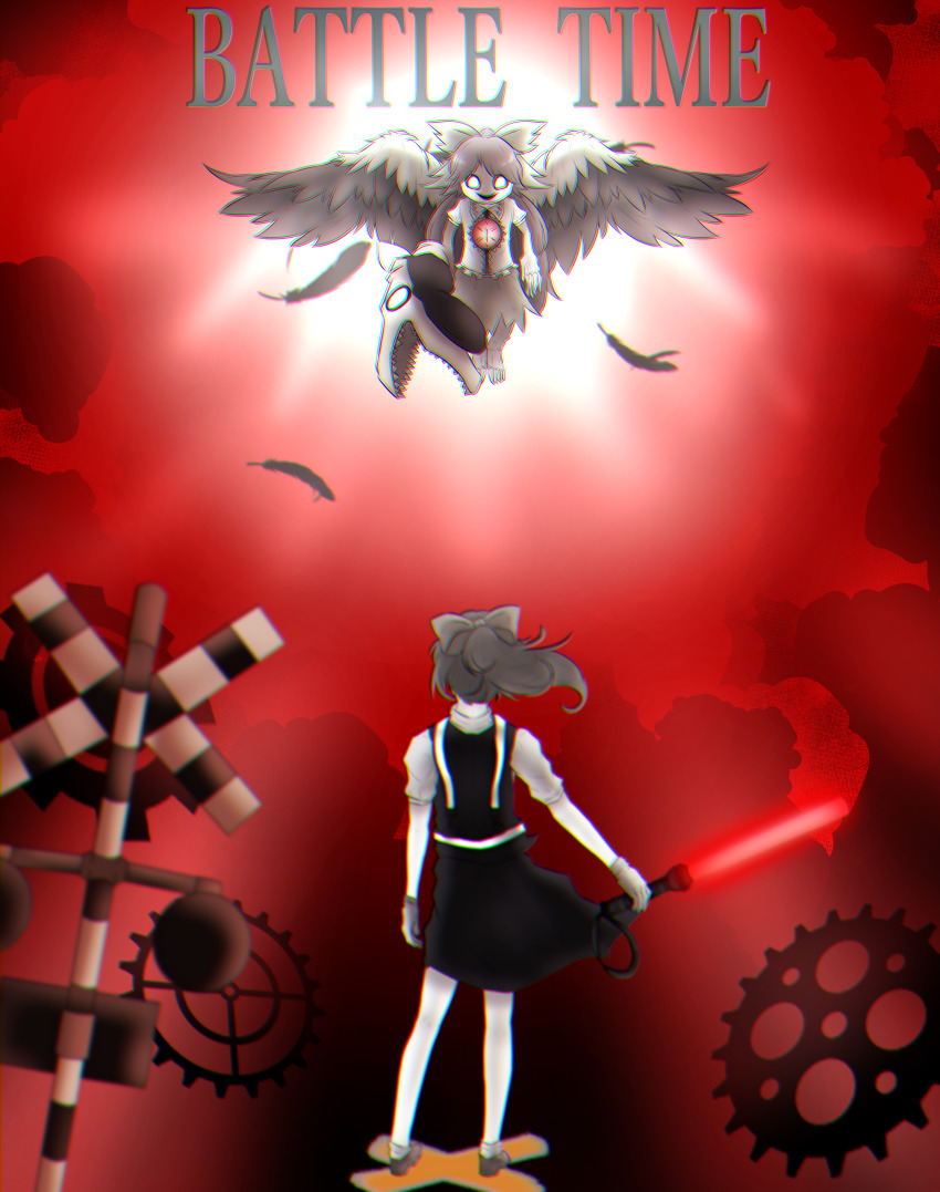 2girls absurdres barefoot bird_wings black_wings bow brown_footwear chromatic_aberration commentary commentary_request cookie_(touhou) daiyousei diyusi_(cookie) english_commentary feathers flying full_body gears hair_bow high-visibility_clothing high-visibility_vest highres holding japhet long_hair looking_at_another multiple_girls muted_color nadeko_(cookie) nell_(qnellp) no_pupils off_(game) open_mouth partially_colored puffy_short_sleeves puffy_sleeves railroad_crossing reiuji_utsuho shirt shoes short_sleeves skirt smile socks third_eye touhou wide_shot wings