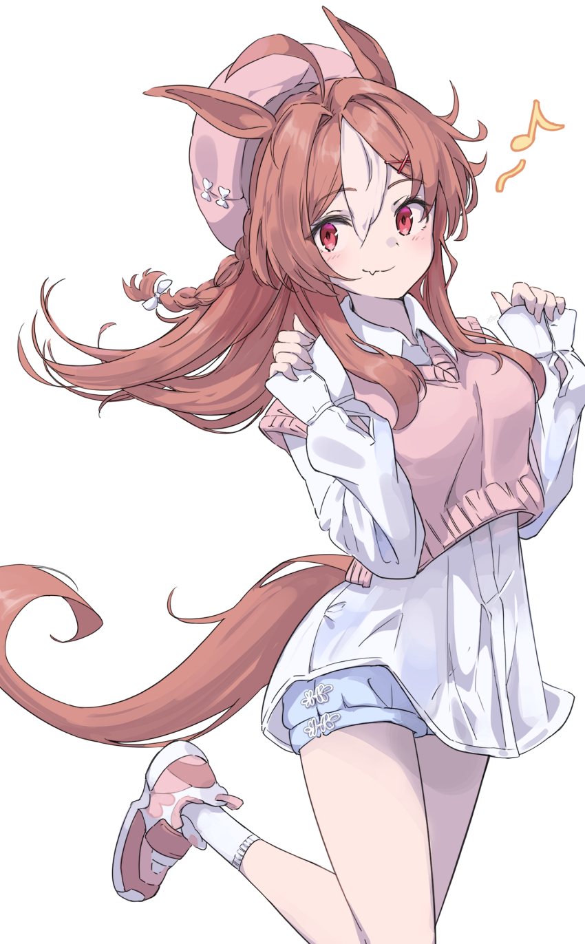 1girl absurdres ahoge animal_ears beret blue_shorts blush braid brown_hair collared_shirt commentary copano_rickey_(umamusume) cropped_sweater_vest fang hair_intakes hat highres horse_ears horse_girl horse_tail multicolored_hair musical_note nazmocha pink_sweater_vest red_eyes shirt shoes shorts simple_background skin_fang smile sneakers socks solo spoken_musical_note streaked_hair sweater_vest tail umamusume white_background white_hair white_shirt