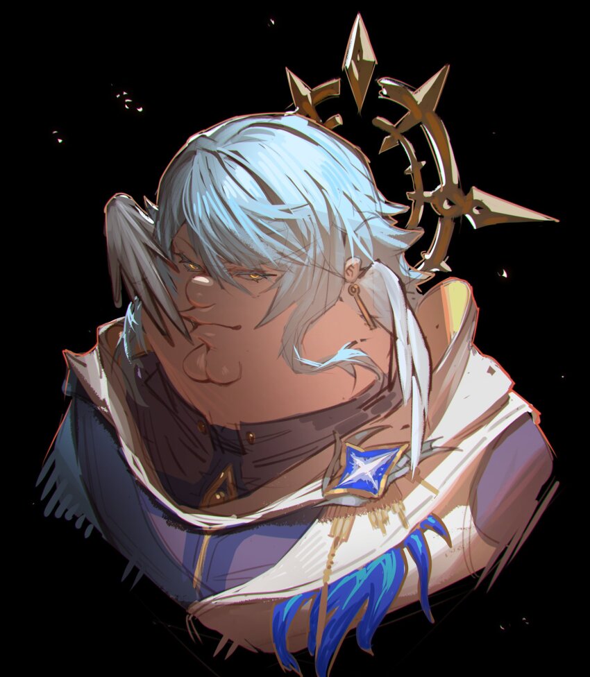 1boy black_background blue_hair cleft_chin closed_mouth cosplay family_guy fat fat_man halo halo_behind_head head_wings highres honkai:_star_rail honkai_(series) kowai_(iamkowai) light_blue_hair male_focus peter_griffin short_hair solo sunday_(honkai:_star_rail) sunday_(honkai:_star_rail)_(cosplay) wings yellow_eyes