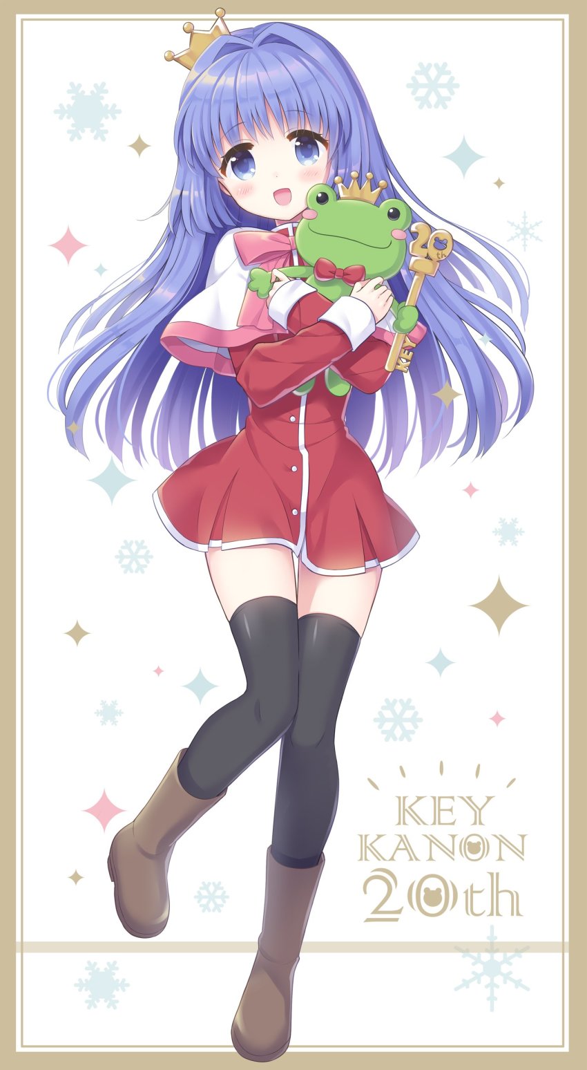 1girl absurdres anniversary black_thighhighs blue_eyes blue_hair boots bow brown_boots capelet commentary_request crown female_focus frog hair_intakes highres hoshimame_mana kanon keropii minase_nayuki open_mouth red_bow red_skirt school_swimsuit skirt smile solo sparkle stuffed_animal stuffed_frog stuffed_toy swimsuit thighhighs white_background
