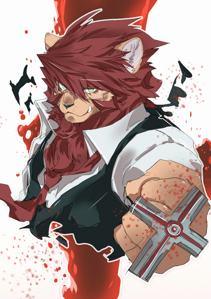 1boy absurdres animal_ears ao_gravity black_vest blood closed_mouth commentary_request fang fang_out furrification furry furry_male glasses green_eyes highres kekkai_sensen klaus_von_reinhertz lion_boy lion_ears lion_mane looking_at_viewer male_focus necktie red_necktie shirt vest white_shirt