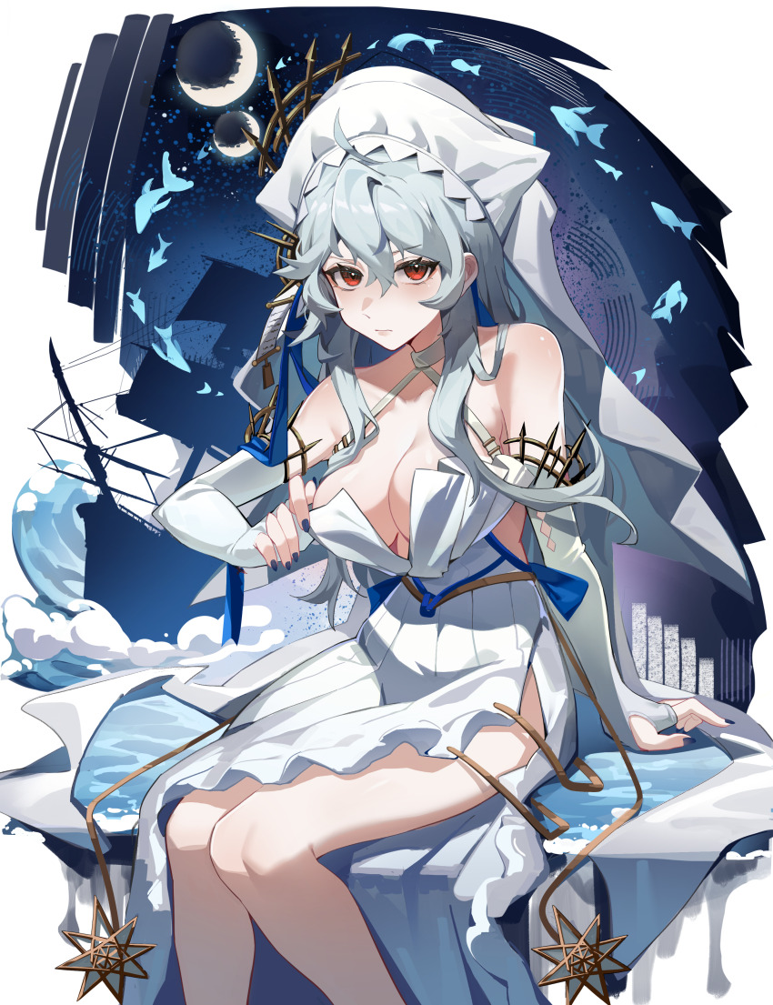 1girl absurdres arknights bare_shoulders breasts chinese_commentary cleavage closed_mouth commentary_request crescent_moon dress elbow_gloves feet_out_of_frame fingerless_gloves gloves grey_gloves grey_hair hair_between_eyes halter_dress halterneck hat highres long_hair looking_at_viewer medium_breasts moon official_alternate_costume pleated_dress pota_douzhi red_eyes side_slit sitting solo specter_(arknights) specter_the_unchained_(arknights) specter_the_unchained_(born_as_one)_(arknights) white_dress white_hat
