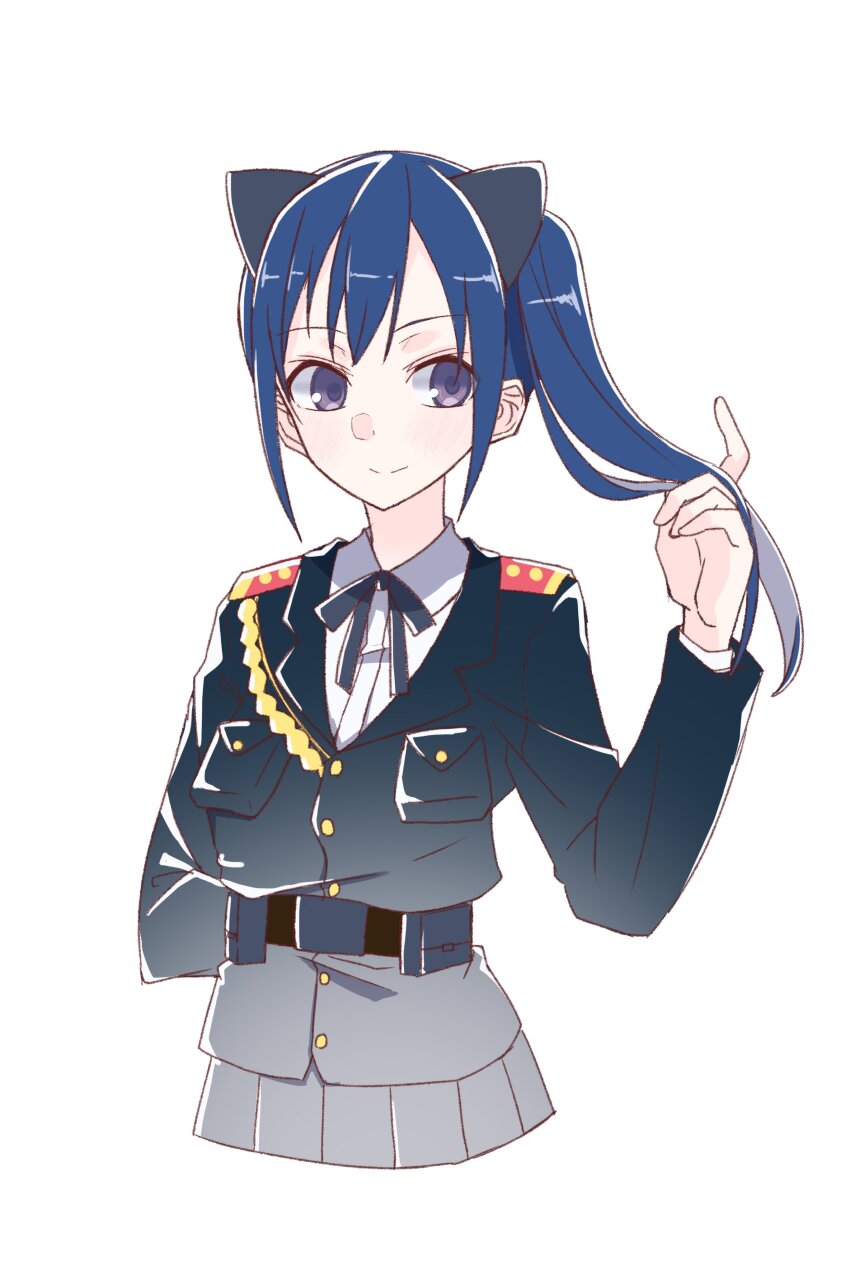 1girl absurdres aiguillette animal_ears arm_behind_back assault_lily belt belt_pouch black_belt blue_hair blue_jacket blush buttons cat_ears closed_mouth collared_shirt commentary_request cropped_legs epaulettes fake_animal_ears gradient_clothes gradient_jacket grey_jacket grey_skirt gumoyu hand_up highres holding holding_own_hair ishikawa_aoi jacket long_sleeves looking_at_viewer multicolored_jacket pleated_skirt pouch purple_eyes school_uniform shirt side_ponytail simple_background skirt smile solo two-tone_jacket upper_body white_background white_shirt
