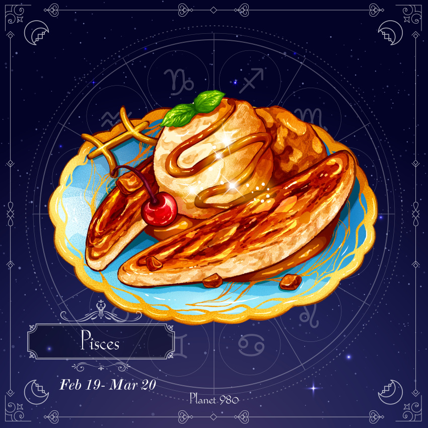 absurdres banana cherry commentary english_commentary food food_focus fruit highres ice_cream no_humans original plate still_life syrup yuki00yo zodiac_wheel