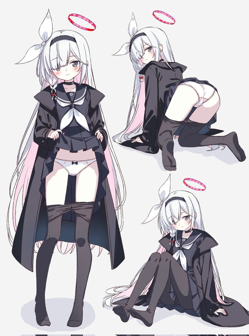1girl all_fours ass black_choker black_coat black_eyes black_hairband black_pantyhose black_sailor_collar black_serafuku blue_archive braid choker clothes_lift clothes_pull coat colored_inner_hair from_behind full_body hair_over_one_eye hairband halo heart heart_halo highres lifting_own_clothes loli long_hair looking_at_viewer multicolored_hair multiple_views neckerchief no_shoes panties pantyhose pantyhose_pull plana_(blue_archive) red_halo red_pupils ribbon sailor_collar school_uniform serafuku setteiset single_braid sitting skirt skirt_lift solo underwear white_neckerchief white_panties white_ribbon