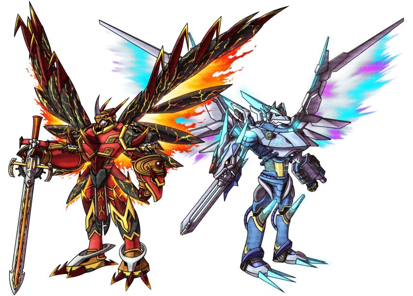 armor claws digimon fusion gun helmet highres horns kaisergreymon magnagarurumon metallicdramon simple_background sword volcanicdramon weapon white_background wings