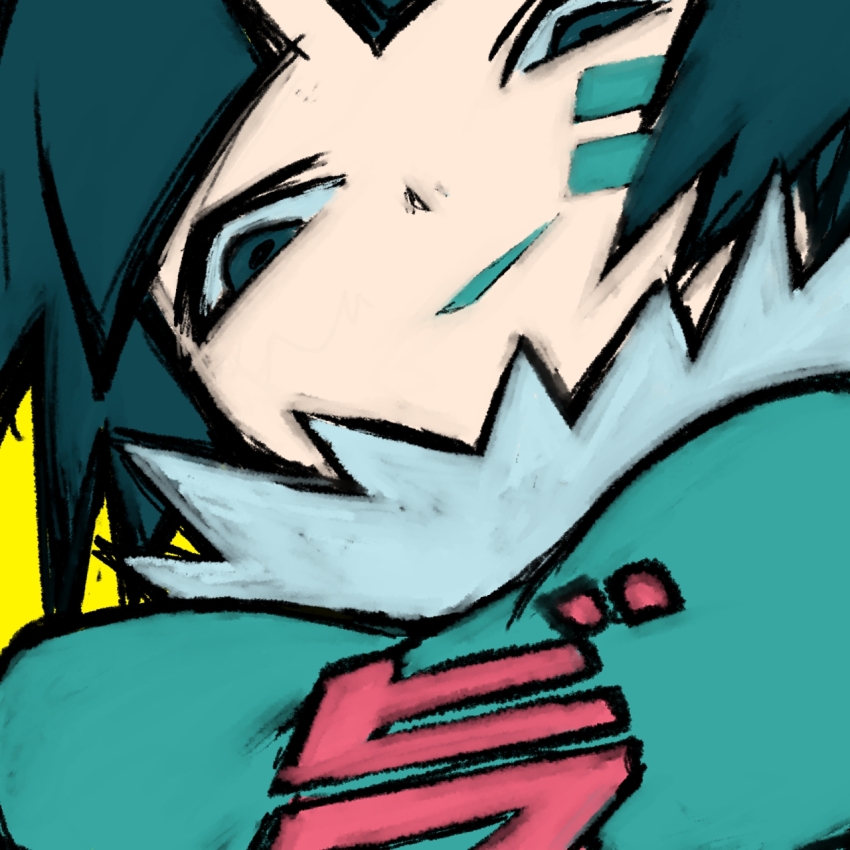 1girl beeru_(veil8801) bis_(jsr) blue_eyes blue_hair blue_lips breasts close-up clothes_writing facial_mark fur_collar highres jet_set_radio medium_breasts short_hair simple_background solo upper_body yellow_background