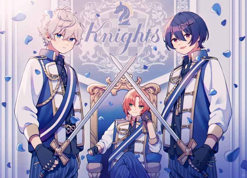 3boys amagi_hana black_gloves blue_eyes blue_hair blue_pants blue_petals blue_vest closed_mouth commentary_request crossed_legs ensemble_stars! fingerless_gloves gloves green_eyes grey_hair hair_between_eyes head_rest highres holding holding_sword holding_weapon knights_(ensemble_stars!) long_sleeves male_focus multiple_boys open_mouth orange_hair pants parted_bangs parted_lips red_eyes sakuma_ritsu sena_izumi_(ensemble_stars!) shirt short_hair sitting smile standing striped_clothes striped_pants sword throne tsukinaga_leo vest weapon white_shirt