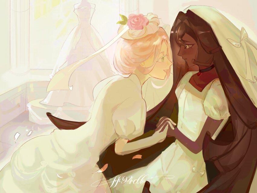 2girls artist_name black_choker black_forest_cookie bridal_veil brown_hair choker commentary cookie_run cookie_run:_kingdom dark-skinned_female dark_skin dress english_commentary ff94_db flower gloves highres holding_hands long_hair looking_at_another mannequin multiple_girls pink_flower pink_hair pink_rose puffy_short_sleeves puffy_sleeves rose short_sleeves veil very_long_hair wedding_cake_cookie wedding_dress white_dress white_gloves white_veil