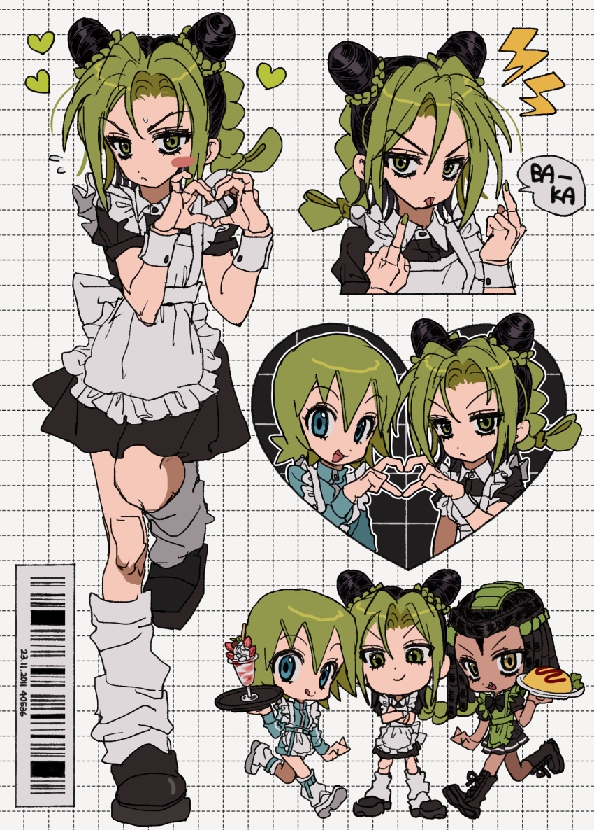 3girls :d alternate_costume apron aqua_dress aqua_eyes barcode black_boots black_bow black_dress black_hair black_shoes blush boots bow braid breasts bun_with_braided_base chibi cone_hair_bun double_bun double_middle_finger dreadlocks dress enmaided ermes_costello flying_sweatdrops foo_fighters_(jojo) food four-finger_heart_hands frilled_apron frilled_dress frills frown fu_r_y green_apron green_eyes green_hair green_nails grid_background hair_bun heart heart_hands highres holding holding_tray ice_cream jojo_no_kimyou_na_bouken kuujou_jolyne lightning_bolt_symbol maid maid_apron middle_finger multicolored_hair multiple_girls omelet omurice open_mouth puffy_short_sleeves puffy_sleeves shoes short_hair short_sleeves small_breasts smile socks stone_ocean sundae sweatdrop tray two-tone_hair waist_apron white_apron white_socks wrist_cuffs