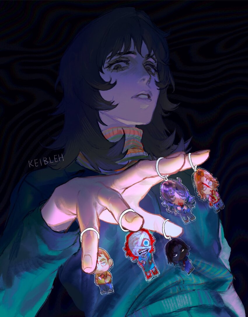 1girl anya_(mouthwashing) black_hair charm_(object) curly_(mouthwashing) curly_(post-crash)_(mouthwashing) daisuke_(mouthwashing) from_below hand_up highres holding jewelry jimmy_(mouthwashing) keibleh long_hair long_sleeves looking_at_viewer looking_down mouthwashing parted_lips puppet shirt short_hair solo swansea_(mouthwashing) sweater turtleneck turtleneck_sweater upper_body