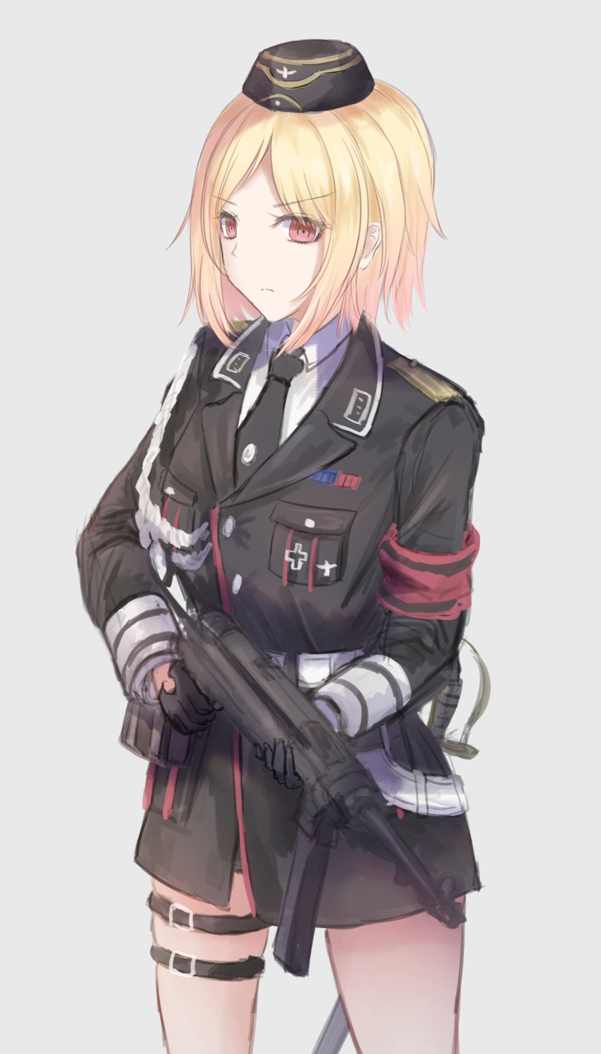 1girl armband black_gloves black_hat black_jacket black_necktie blonde_hair brown_eyes closed_mouth commentary garrison_cap girls&#039;_frontline gloves gun hat highres holding holding_gun holding_weapon jacket light_frown long_sleeves looking_at_viewer martinreaction military military_hat military_uniform mp40 mp40_(girls&#039;_frontline) necktie red_armband saber_(weapon) shirt short_hair simple_background solo submachine_gun sword thigh_strap weapon white_background white_shirt