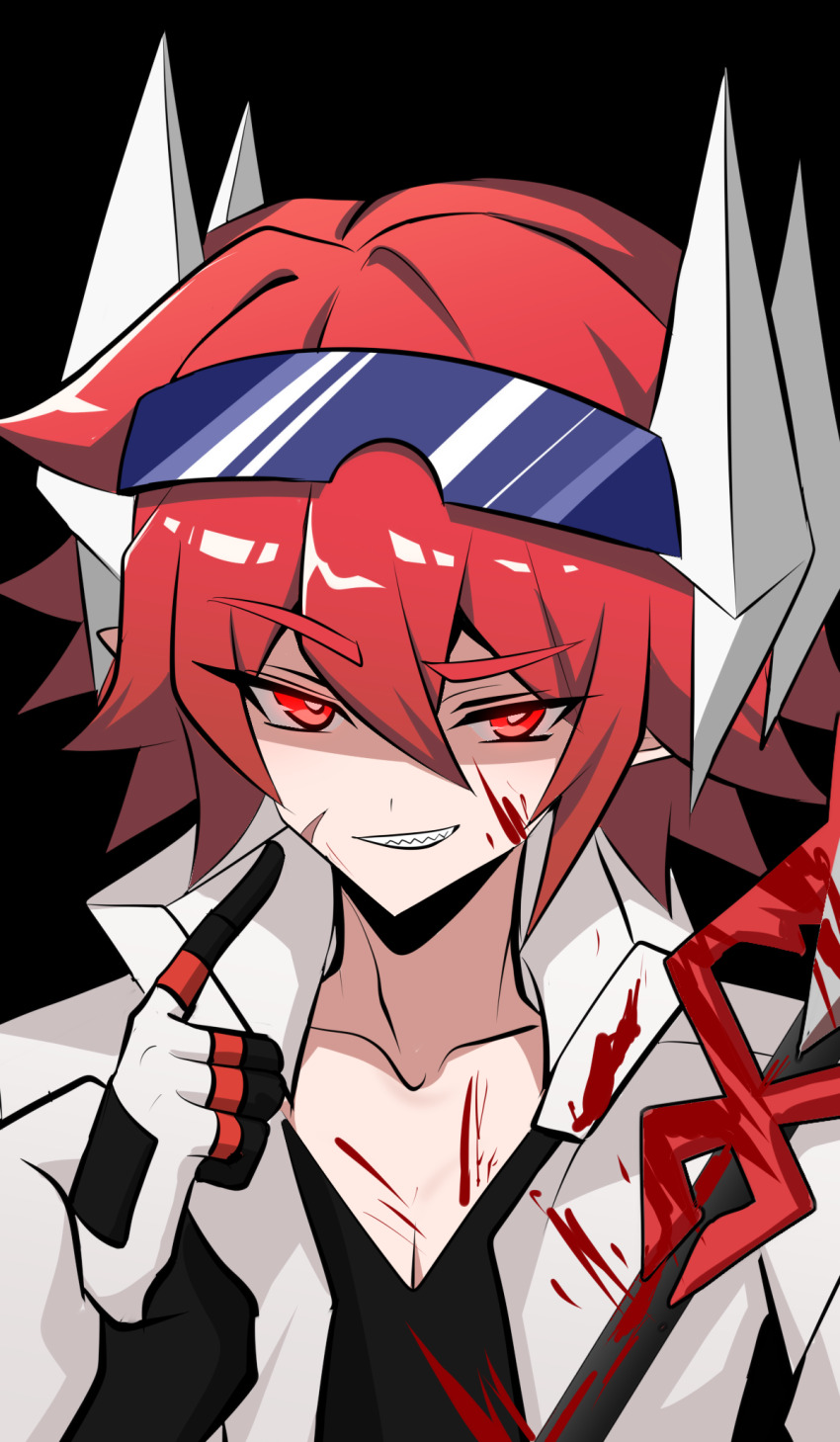 1210534020 1boy aotu_world black_background black_gloves black_shirt blood blood_on_clothes blood_on_face bloody_weapon chinese_commentary collarbone eyewear_on_head facial_scar gloves goggles goggles_on_head grin hair_between_eyes headgear high_collar highres holding holding_polearm holding_weapon jacket looking_at_viewer male_focus multicolored_gloves open_clothes pius_(aotu_world) pointing pointing_at_self pointy_ears polearm red_eyes red_hair scar scar_on_cheek scar_on_face sharp_teeth shirt short_hair simple_background smile solo teeth upper_body v-neck weapon white_gloves white_jacket