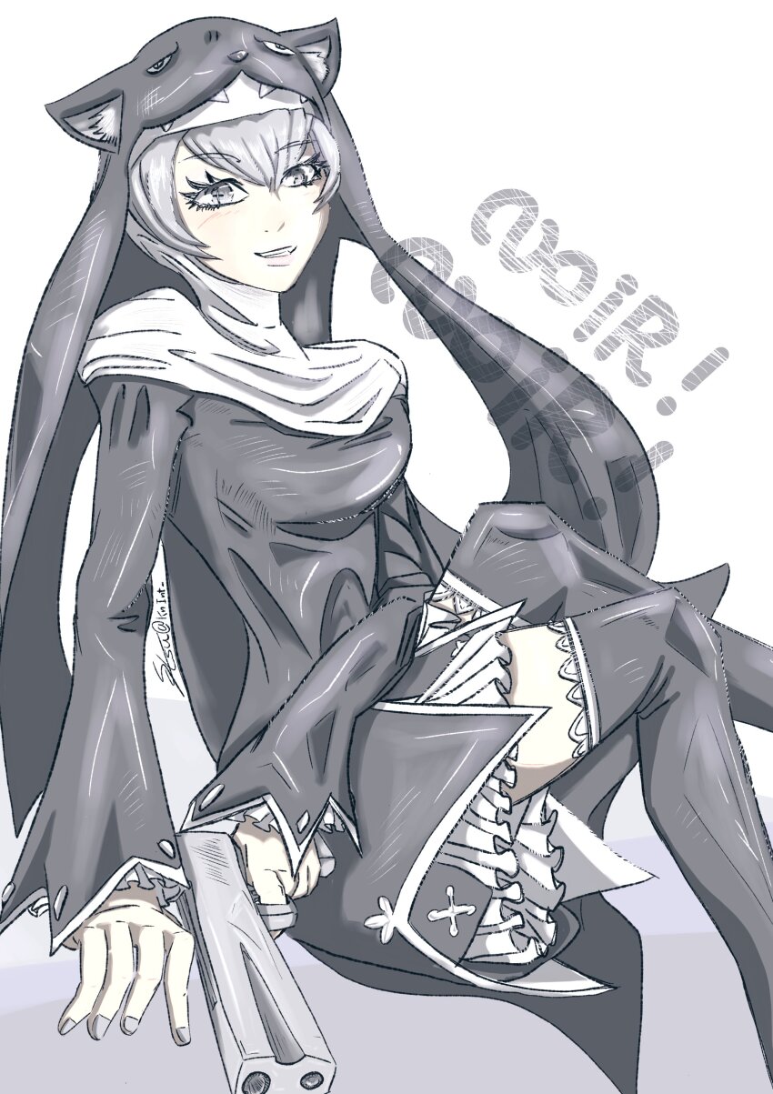 absurdres animal_hat cat_hat digimon digimon_(creature) hat highres nail_polish nun sistermon_noir