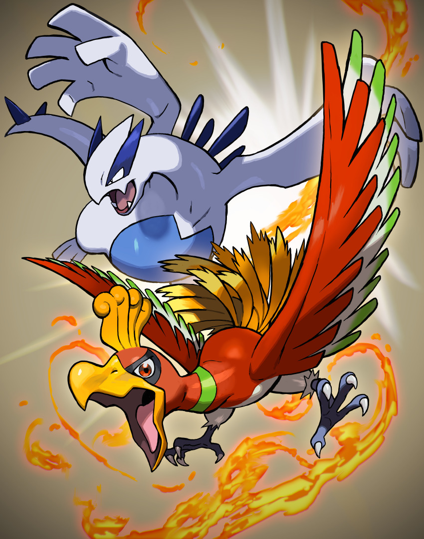 absurdres animal_focus artist_request bird fangs feathers fire flying gen_2_pokemon highres ho-oh legendary_pokemon lugia nintendo no_humans official_art open_mouth orange_eyes pokemon pokemon_(creature) pokemon_focus second-party_source skin_fangs talons wings
